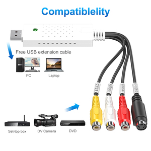 Carte de capture audio-<span class=keywords><strong>vidéo</strong></span> NTSC/PAL 720P RCA vers USB avec prise <span class=keywords><strong>en</strong></span> charge <span class=keywords><strong>MP4</strong></span> pour diffusion <span class=keywords><strong>en</strong></span> direct, jeux, utilisation sur ordinateur portable et câble d'extension USB - Product Image 4