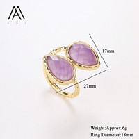 Bague double goutte d'eau en pierre naturelle, taille facetée, sertissage texturé, ajustable, bijoux bohèmes pour femme