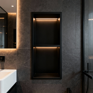 Estante de Pared Doble Empotrado de Acero Inoxidable Negro Mate Moderno con <span class=keywords><strong>Nicho</strong></span> para <span class=keywords><strong>Ducha</strong></span> y Baño con LED - Product Image 2