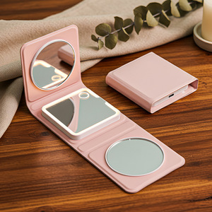 Miroir de maquillage LED rose Jiayao Furniture, pliable en trois parties, rechargeable, avec lumière, portable, pour voiture, chambre et salle de bain - Product Image 1