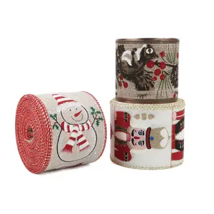 New product custom printed Christmas wired ribbon 63mm Christmas tree linen edge wired burlap ribbon supplier