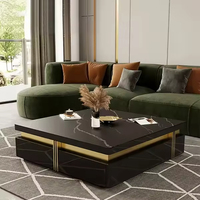 Table basse carrée moderne de luxe en pierre frittée avec piètement en acier inoxydable doré, tables de salon avec rangement pour le thé
