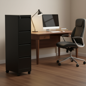 Armoire à dossiers verticale en métal noir, 4 tiroirs, verrouillable, robuste, avec roulettes, pour le bureau et la maison - Product Image 2