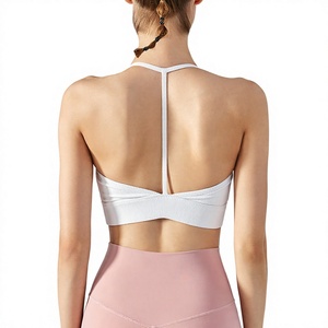 Women Ribbed T-Strap <b>Back</b> Sports Bra Thin Spaghetti Strap Padded Yoga Crop <b>Top</b> Stretch <b>Low</b> Impact Pilates Fitness Bralette - Product Image 2