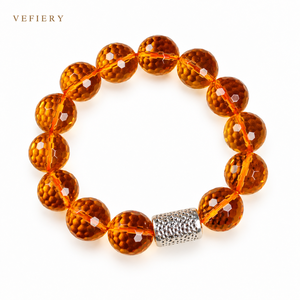 Pulsera Elástica de Cuentas Redondas de Citrino Natural Naranja con Detalles Decorativos en Tono Plateado para Mujer, Joyería al por Mayor - Product Image 1