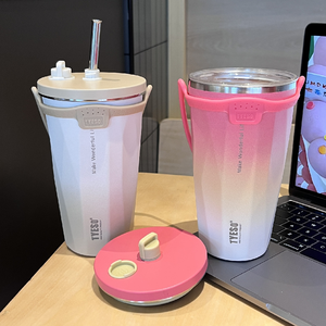 La más nueva taza prismática sellada de acero inoxidable de 600ml con pajita, taza de café aislada portátil, taza de helado frío con aislamiento - Product Image 2