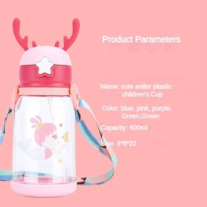 Borraccia per bambini con cannuccia e simpatico coperchio a forma di corna di cervo, bottiglia d'<span class=keywords><strong>acqua</strong></span> in plastica trasparente rosa con tracolla per la scuola - Product Image 5