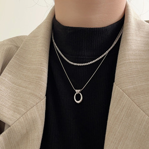 Collar Geométrico de Plata de Ley S925 Yinruitai, Cadena de Hueso de Serpiente con Círculos Ovalados Irregulares, Cadena de Clavícula Multicapa para Uso Diario - Product Image 1