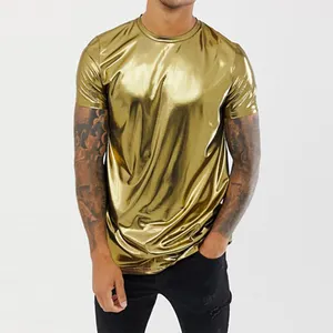 T-shirt col rond pour hommes, de couleur or, métallique, brillant, Hip-Hop, boîte de nuit, tendance, collection