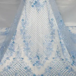 HY2602 New design african baby blue beaded bridal lace fabric with sequin luxury embroidery nigerian net lace for party