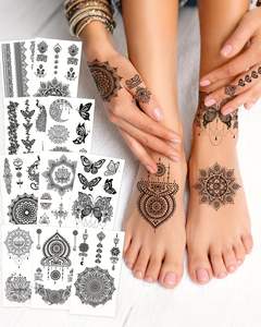 Tatouage temporaire au henné noir, motif <span class=keywords><strong>mandala</strong></span> floral, tatouage en <span class=keywords><strong>dentelle</strong></span>, mehndi, motif floral <span class=keywords><strong>mandala</strong></span>, tatouage imperméable, faux bijoux, tatouage de lotus - Product Image 1
