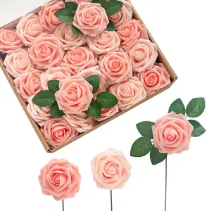 Artificial Flower Box Sets Shimmer Blush Peach Roses 25PCS Roses for DIY Wedding Bouquets Centerpieces Arrangements Home Decor