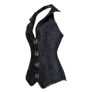 Vêtement de forme désossé en jacquard noir avec corset de style court à col licou Gothique Noir Jacquard Taille <span class=keywords><strong>Bustier</strong></span> Top Korset - Product Image 2