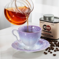 Lavendel-Farbverlauf Kristall-Reaktivglasur Neuer Chinesischer Stil Umweltfreundliche Tasse mit Untertasse, Muschelförmiger Blumenrand für Kaffee und Tee