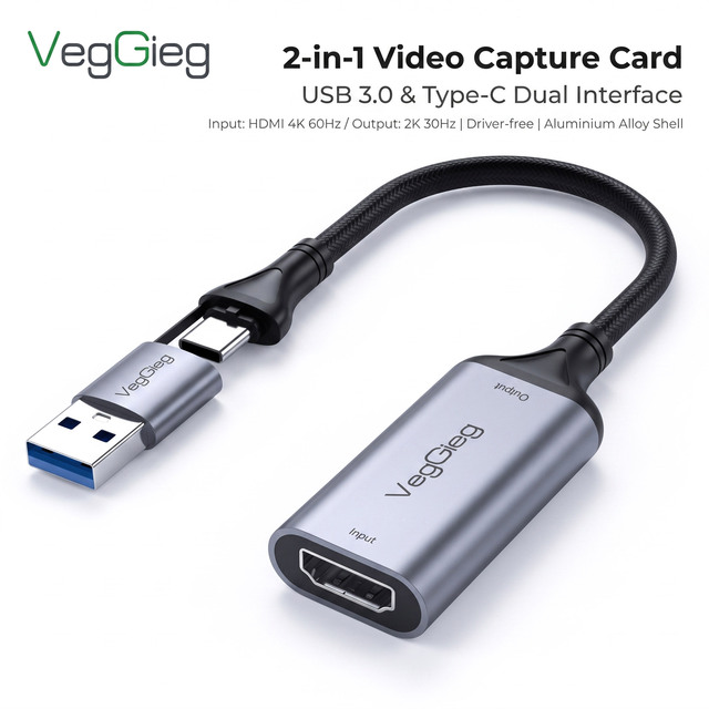 VegGieg 2-in-1 HDMI Video Capture Card USB3.0 Type-C Dual Interface 4K Input 2K Output Aluminum Alloy Driver-Free Grabber