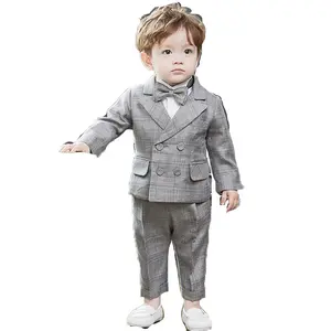 高档批发儿童服装秀男童套装灰色格子儿童服装套装