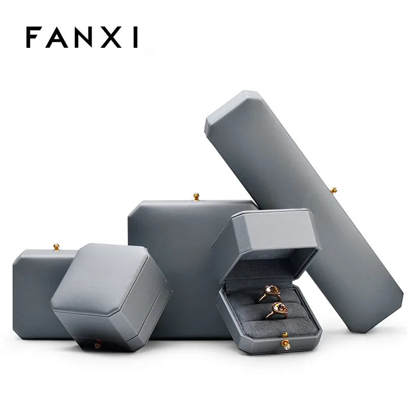 FANXI New wholesale Octagonal shape Jewellery Packaging Box Ring Necklace Boxes light grey Pu leatherJewelry Packing Gift Box