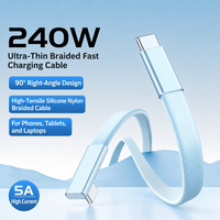 Cable USB C de 90 Grados, 240W, Ultra Delgado, Plano, Trenzado, Tipo C a Tipo C, Cable de Carga Rápida de 5A de Alta Corriente para Teléfono