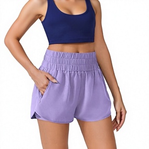 Shorts Deportivos Morados para Mujer, Cintura Alta Elástica, Bolsillos, Corte Regular, Tejido de Punto, Spandex, Poliéster, Transpirables, Secado Rápido, Estilo Moto - Product Image 1