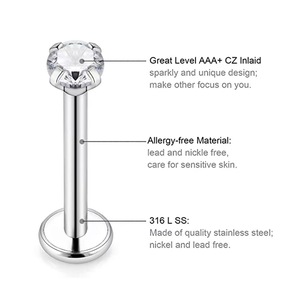 <span class=keywords><strong>Nord</strong></span> Plaqué Or 16g Acier Inoxydable Corps Bijoux Interne Fileté Labret Anneau Prong Zircon Nez Piercing Lèvre Stud et Boucle D'oreille - Product Image 2