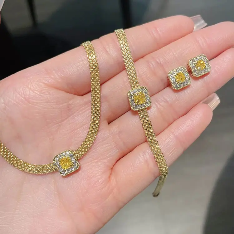 Xinfly 18k gioielli in oro reale maglia catena di diamanti quadrati gialli collana ciondolo orecchini Set bracciali