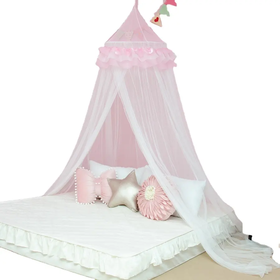Baby mosquito net kids bed canopy pink and white lace top