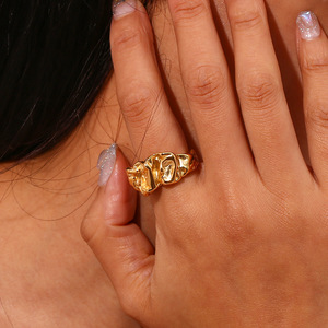 <b>Stainless</b> <b>Steel</b> 18K Gold Plated Open Cuff <b>Ring</b> Irregular Hammered Crinkled Textured Chunky Statement Finger <b>Ring</b> <b>For</b> <b>Women</b> - Product Image 4