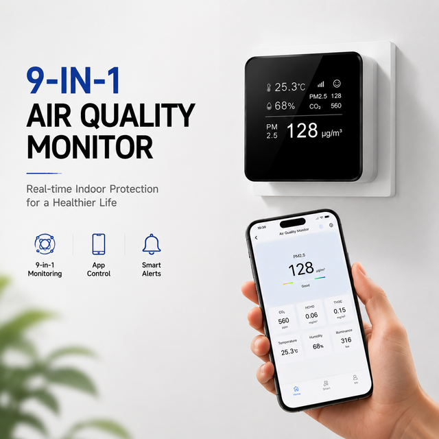 Zigbee 9-in-1 Air Quality Sensor CO2 HCHO Detector Alarm Temperature Humidity Monitoring App Control Battery Powered Smart Home