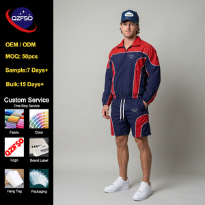 Conjunto Deportivo QZFSO Personalizado OEM Retro Streetwear de 2 Piezas, Corte Holgado, Bloques de Color, Cuello Alto, Cierre Completo, Pantalones Cortos Deportivos para Hombre - Product Image 1
