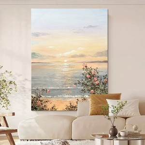 Peinture à l'huile peinte à la main, art mural moderne et minimaliste, rose de plage, décoration sur toile sans cadre pour salon, entrée - Product Image 1