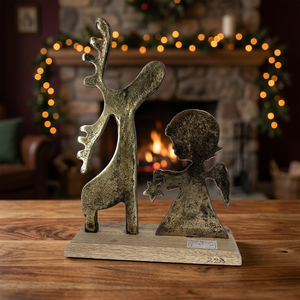 Vintage Metallic Reindeer & <b>Angel</b> Figurine on Wooden Base timeless warmth and nostalgic <b>charm</b> to your home decor - Product Image 3