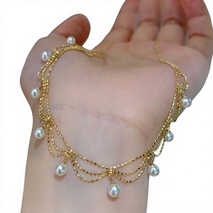 Collier Ehao en alliage de métaux précieux, minimaliste, avec dentelle et 9 <span class=keywords><strong>perles</strong></span>, élégant pour femme, chaîne de clavicule, idéal pour le quotidien - Product Image 1