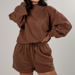 Conjunto de Sudadera de Cuello Alto y Pantalones Cortos para Mujer, Estilo Casual, Holgado, de Manga Larga, de Dos Piezas, de Felpa, para Uso Diario - Product Image 3