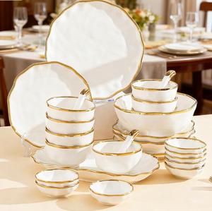 China Dinner <b>Set</b> Ceramic Golden Rim Plates Platter Dessert Dishes and Soup Bowls <b>Sets</b> 62pcs Home Dinnerware - Product Image 6