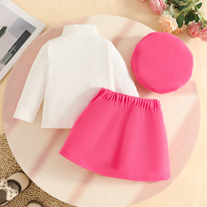 Ensemble de vêtements pour enfants de 0 à 3 <span class=keywords><strong>ans</strong></span>, filles, appliqué, col haut, <span class=keywords><strong>veste</strong></span> à manches longues, jupe, béret, mélange coton-polyester, motif à carreaux - Product Image 4