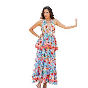 เดรสยาวปานกลางคอวีลายดอกไม้สำหรับผู้หญิง สไตล์โบฮีเมียน แต่งระบายเป็นชั้นๆ เอวธรรมชาติ ซักได้ ทรงเอไลน์ เหมาะสำหรับใส่ไปเที่ยวพักผ่อนในรีสอร์ท - Product Image 1