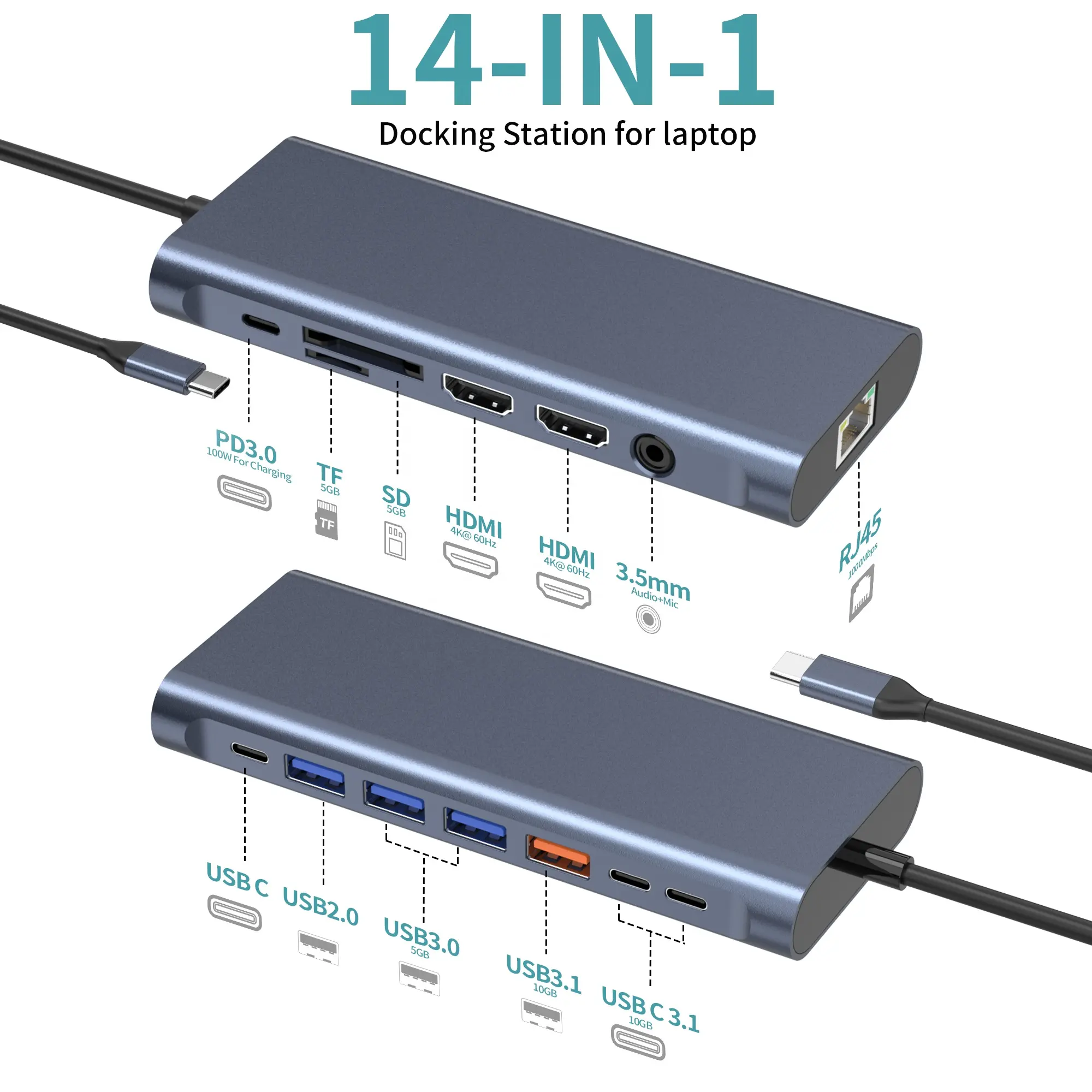 OEM ODM 13 in1タイプcハブデュアルHDTV VGA RJ45(1000Mbps) USB3.0 * 3 USBCドッキングステーションラップトップアダプタースプリッター