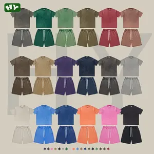 Einfarbig großhandel t-shirts kurzer set sweater 2-teiliges set herren t-shirt und shorts sets washed Übergröße 100 % baumwolle herren t-shirt