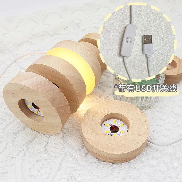 Wholesale led Wooden lamp base stand round base 3D Night Light Logo Wooden led base Holder USB