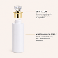 Flacon cylindrique en PET finition mate de qualité supérieure avec bords dorés et capuchon en cristal, épaule plate et fine, pour kit de beauté, estampage à chaud personnalisé