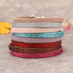 सस्ते कीमतों ठोस रंग हस्तनिर्मित समायोज्य Sparking पु चमड़े Wristband के लिए सेक्विन कंगन महिलाओं के गहने
