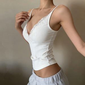 Camiseta sin Mangas de Punto Estilo Francés con Ribete de Encaje, Cuello en V Profundo, Corte Ajustado, Color Sólido, para Mujer, Primavera Verano, Capa Base - Product Image 2