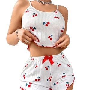 Women's V-Neck <b>Short</b> Sleeve Cherry Print Suspender <b>Shorts</b> Pajamas Elastic Waist Casual Fashion <b>Polyester</b> Knitted Fabric Soft - Product Image 1