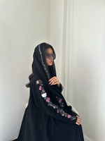 Abaya noire personnalisée Hafizah OEM, broderie florale, manches larges, robe musulmane pour femme, Dubaï, robe islamique modeste, revers fleuri, Aïd