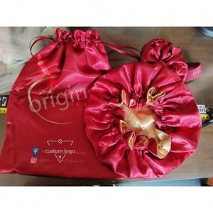 Bonnet à cheveux personnalisé avec logo, impression numérique, sac à perruque à cordon, bonnets en satin ajustables et ensemble de bande élastique pour femmes, cadeau - Product Image 1