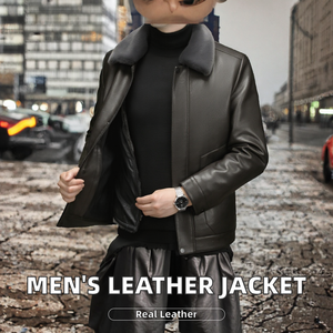 Veste en cuir véritable pour homme, doublée de peau de mouton, fermeture éclair, col rabattable, épaisse, longueur standard, vêtement d'extérieur pour l'automne - Product Image 2