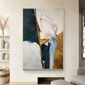 <span class=keywords><strong>Peinture</strong></span> à l'huile abstraite bleu <span class=keywords><strong>marine</strong></span> et marron sur toile, décoration murale moderne aux tons terreux - Product Image 1
