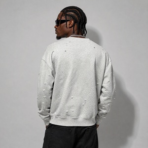 Sweat-shirt à col rond surdimensionné pour homme personnalisé, effet usé, avec lettres en strass, style hip-hop - Product Image 2