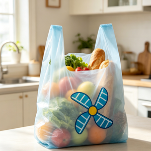 Borsa in plastica personalizzata a forma <span class=keywords><strong>di</strong></span> T-shirt azzurra, riutilizzabile per <span class=keywords><strong>la</strong></span> spesa al supermercato, con stampa logo a forma <span class=keywords><strong>di</strong></span> mulino a vento, all'ingrosso - Product Image 1