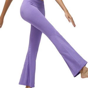 Pantalones de yoga de cintura alta sin costuras, de pierna ancha, con efecto fruncido en el trasero, morados, deportivos, casuales, ajustados y largos para mujer - Product Image 5